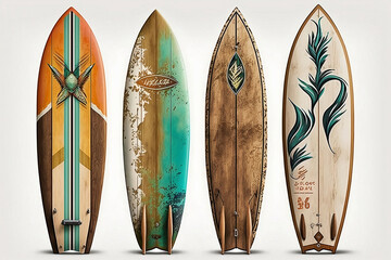 Collection of vintage wooden fishboard surfboard isolated on white with clipping path for object, retro styles. Generative AI. - obrazy, fototapety, plakaty