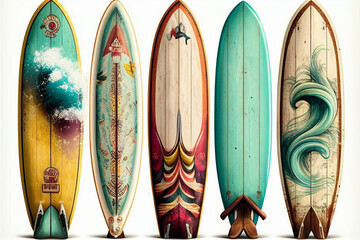 Collection of vintage wooden fishboard surfboard isolated on white with clipping path for object, retro styles. Generative AI. - obrazy, fototapety, plakaty