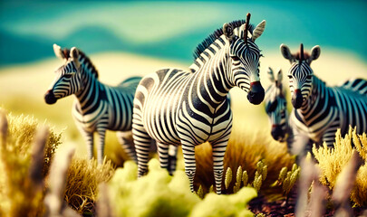 Fototapeta na wymiar A herd of zebras grazing on grasses