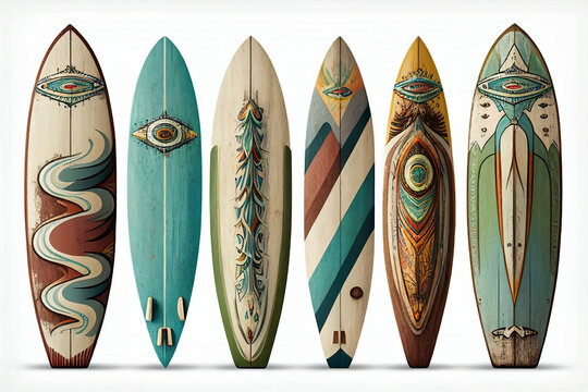 Collection of vintage wooden fishboard surfboard isolated on white with clipping path for object, retro styles. Generative AI.