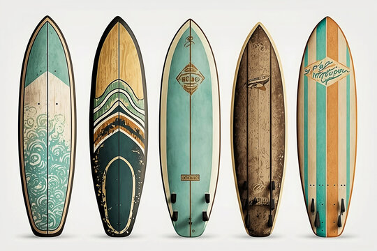 Collection of vintage wooden fishboard surfboard isolated on white with clipping path for object, retro styles. Generative AI.