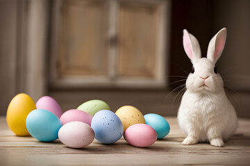 The cute rabbit and easter eggs in the easter shop , illustration. Generative AI.