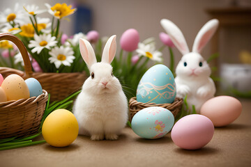 The cute rabbit and easter eggs in the easter shop , illustration. Generative AI.