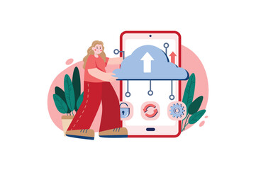 Red concept Cloud storage with people scene in the flat cartoon style. Girl uploads all the data and information to the cloud storage so as not to lose it. Vector illustration.