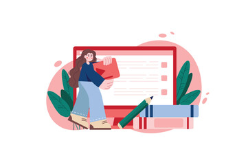 Online education red concept with people scene in the flat cartoon style. Girl studies online and get knowledge into computer. Vector illustration.