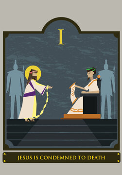 1st Station. The Way of the Cross 1 or via Crucis. Traditional Version. Jesus is condemned to death. Editable Clip Art.