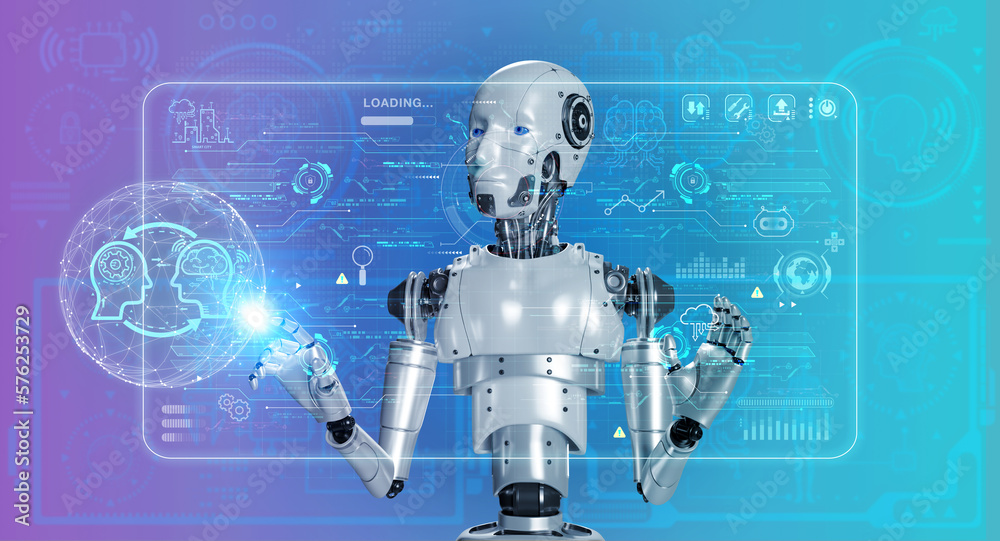 Aufkleber 3d rendering human robot working and learning on virtual reality hologram interface display screen w