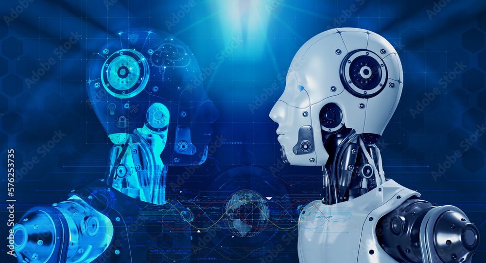 Poster 3d rendering robot face to face with transparent ai robotic, artificial intelligence cyborg machine 