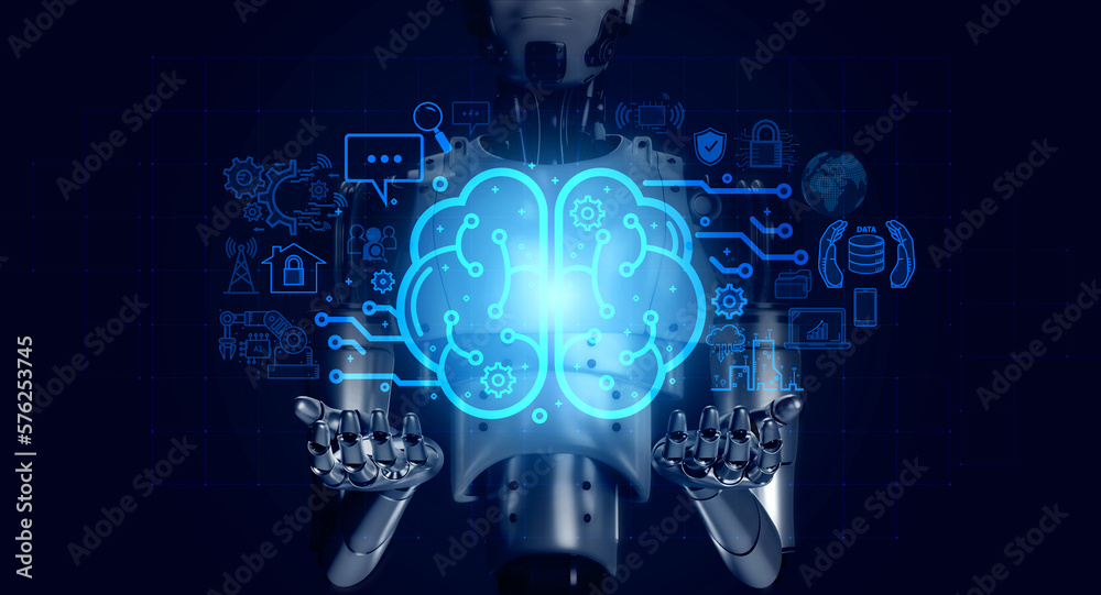 Aufkleber Brain working of Artificial Intelligence (AI) with 3d rendering robot showing all smart technology icons, digital element on blue background. Robotic on interface and network connection concept.