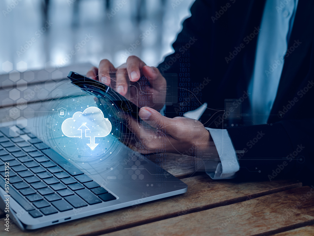 Poster cloud technology, data storage and backup system management concepts. cloud computing diagram with d