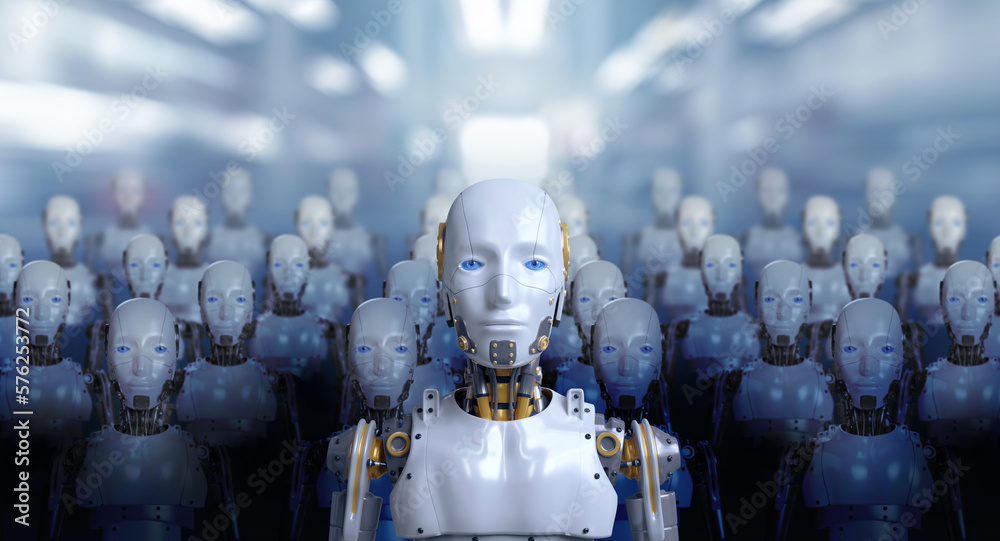 Wall mural 3d rendering of leader human robot portraits with robotics army, industrial group of cyborg machines - Wall murals