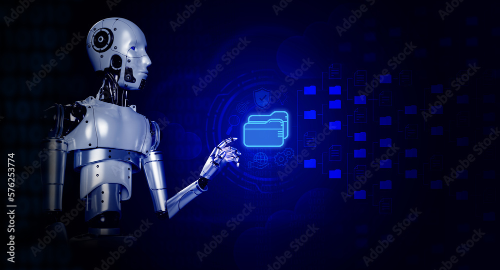 Poster 3d rendering robot pointing hand on virtual hologram of digital folder storages and many files for d