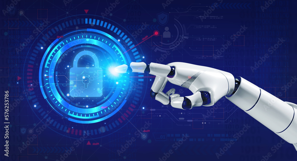 Poster 3d rendering robot's hand pointing on virtual reality hologram of protection digital padlock for dat