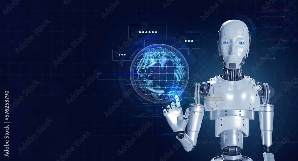 Poster 3d rendering robot pointing on virtual hologram of digital world and chat icon for online data infor