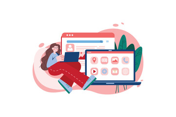 App development red concept with people scene in the flat cartoon design. Employee work with developing different mobile applications. Vector illustration.