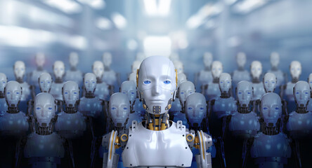 3d rendering of leader human robot portraits with robotics army, industrial group of cyborg machines on factory background. Futuristic AI robotic team, artificial intelligence technology concept. - obrazy, fototapety, plakaty