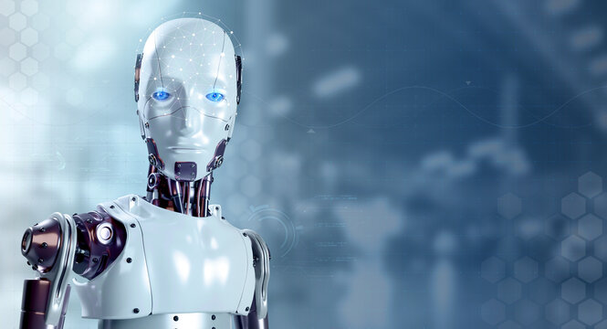 3d rendering of human robot cyborg portraits on blurred factory background with copy space, looking at camera. Futuristic AI robotic humanoid machine, artificial intelligence technology concept.