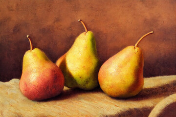 pears on a table, vintage painting, Generative AI