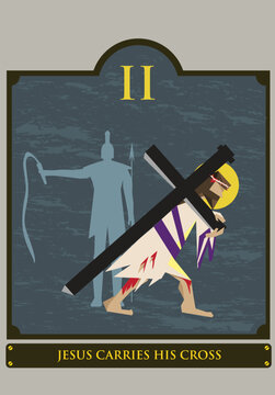 2nd Station. The Way of the Cross or via Crucis. Traditional Version. Jesus takes up his Crucifix. Editable Clip Art.