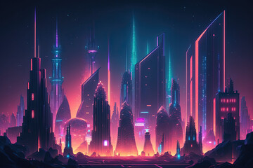 Fototapeta na wymiar Neon light city skyline. Generative Ai
