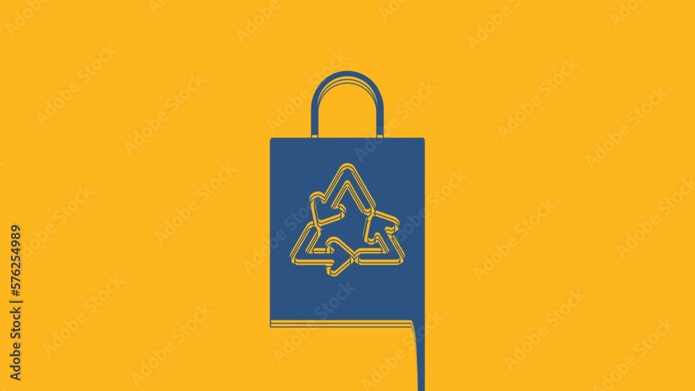 Wall mural Blue Plastic bag with recycle icon isolated on orange background. Bag with recycling symbol. 4K Video motion graphic animation