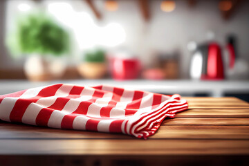 Red white fabric cloth on table top and blurrend kitchen background. Generative ai design.