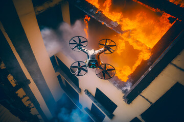 Fire fighting drone flying for extinguish a fire on a residential high building against urban scene. The fire on the upper floors was quickly localized. Generative AI