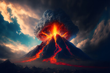Night fantasy landscape with abstract mountains and island on the water, explosive volcano with burning lava. Neural network AI generated art - obrazy, fototapety, plakaty