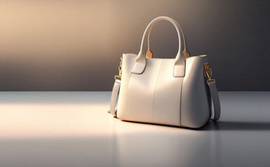 Beautiful trendy smooth youth women's handbag in cream color on a studio background. AI generated. - obrazy, fototapety, plakaty