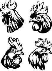 Head of rooster set. Cock abstract character illustration. Graphic logo designs template for emblem. Image of portrait for company use.