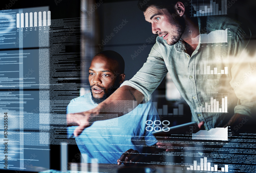 Poster Lets test this algorithm. Shot of two programmers working together on a computer code at night.