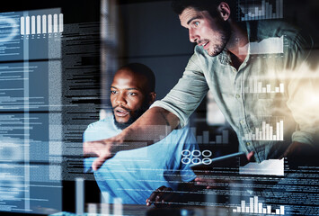Lets test this algorithm. Shot of two programmers working together on a computer code at night.