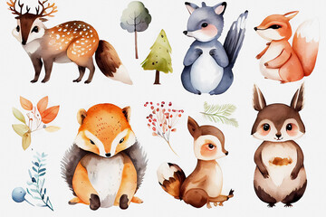 Watercolor set of cute woodland animals. Generative ai design.
