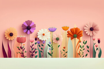 Colorful flower row on pink background, floral design, illustration generative ai