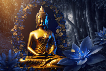 Buddha golden statue decorated with lotus blossoms, generative AI