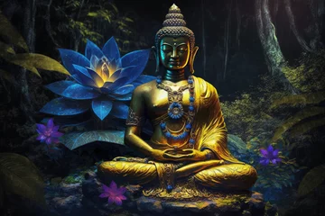 Zelfklevend Fotobehang Buddha golden statue decorated with lotus blossoms, generative AI © Kien