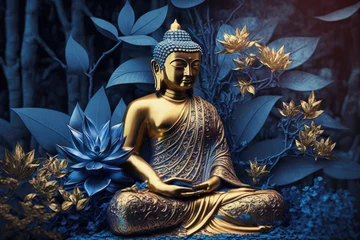  Buddha golden statue decorated with lotus blossoms, generative AI © Kien