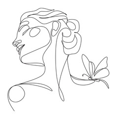 Woman face with butterfly. Line art female hands with butterflies. Abstract face with butterfly by one line drawing