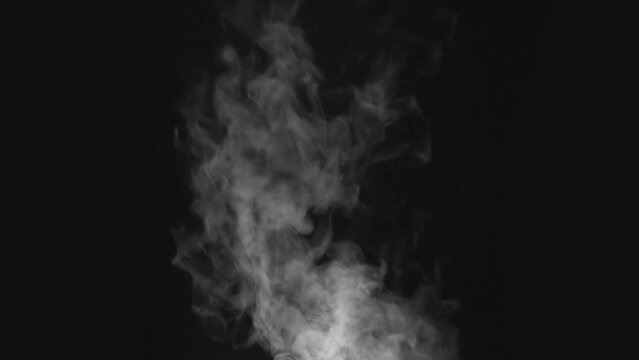 Steam Jet from Medium Saucepan. White Steam rises from a pot that is behind the scenes. Black background. Filmed at a speed of 120fps