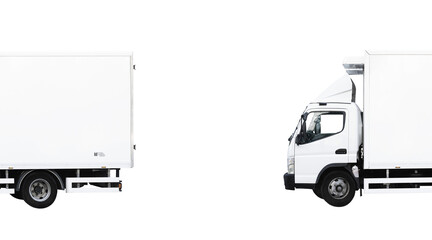 Delivery white van with space for text on blue background, panoramic banner