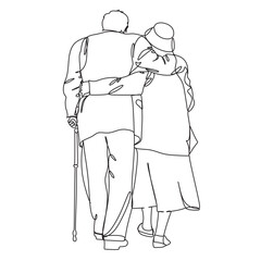 Elderly man and woman with stick. Continuous one line drawing. Vector illustration.