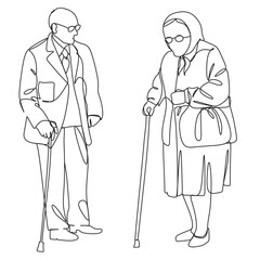 Elderly man and woman with stick. Continuous one line drawing. Vector illustration.
