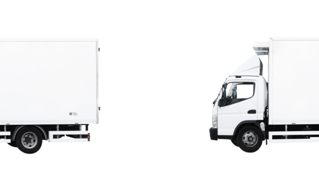 Delivery white van with space for text on blue background, panoramic banner