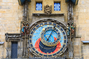 Prague astronomical clock close-up. The main attraction of the capital of the Czech Republic. Background