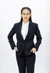 Portrait isolated cutout studio  shot of Millennial Asian professional successful female businesswoman lawyer ceo in formal business suit posing smiling on white background