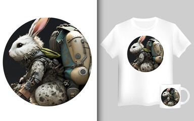 cartoon mechanical robotic bunny. mockup shirt and mug