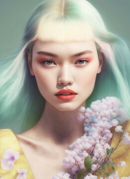 spring glam beauty portrait of a Asian young teen woman with flowers, Generative AI