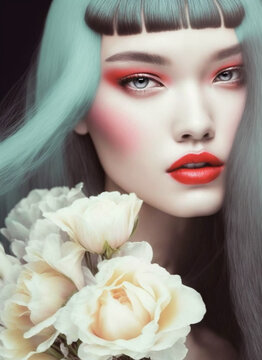 spring glam  beauty portrait of a Asian young  teen woman with flowers, Generative AI