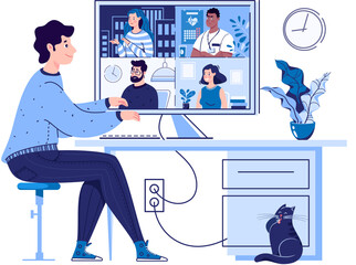 Videoconference, webinar. Concept of Online Meetings. PNG Illustration. Raster in Flat Cartoon Style.