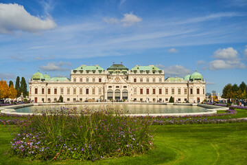 Vienna, Austria - 12.10.2022: Belvedere Palace Complex is a summer residence of Prince Eugene of Savoy. Today, the palace houses the National Gallery of Austria - obrazy, fototapety, plakaty